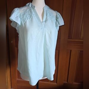 MINE Light Aqua Blue Lace Detail Women's Blouse Size M